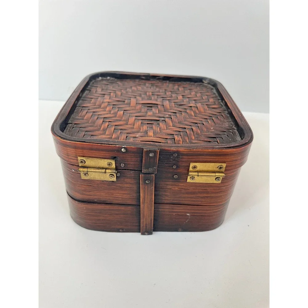 Vintage Woven Bamboo Box Square Brown Basket‎ Brass Latch